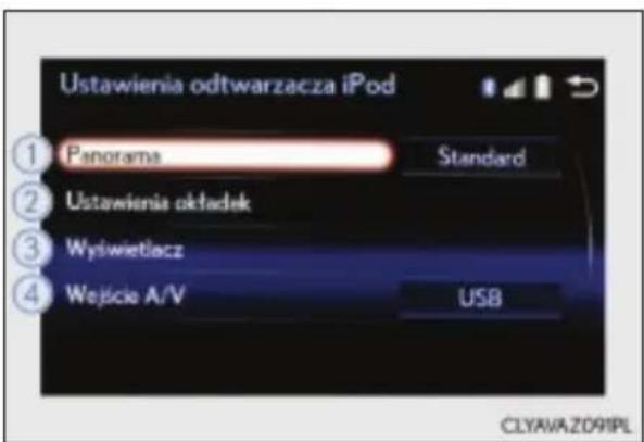 Ustawienia odtwarzacza iPod ① Panorama Standard ② Ustawienia okładek ③ Wyświetlacz ④ Wejście A/V USB CLYAVA ZD91PL