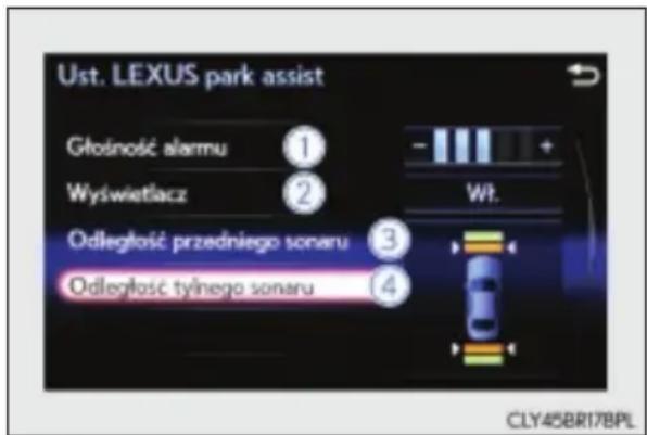 Ust. LEXUS park assist Głośność alarmu ① Wyswietlacz ② Odległość przedniego sonaru ③ Odległość tyłnego sonaru ④ Wt. CLY45BR17BPL