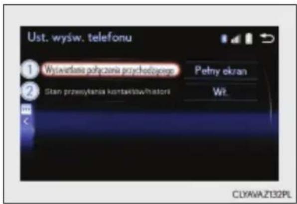 Ust. wyśw. telefonu ① Wyświerdania połączenia psychodzającego ② Sten przesyłania kontaktow/inatori Petny okran Wt. CLYAVA.ZT32PL