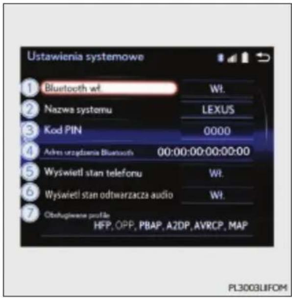 Ustawienia systemowe 1 Bluetooth wt. Wt. 2 Nazwa systemu LEXUS 3 Kod PIN 0000 4 Adres urządzenia Bluetooth 00:00:00:00:00:00 5 Wyświetl stan telefonu Wt. 6 Wyświetl stan odtwarzacza audio Wt. 7 Obługiwane profile HFP, OPP, PBAP, A2DP, AVRCP, MAP PL3003LIFOM