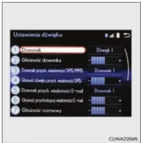Ustawienia dźwięku ① Dzwonek Dźwięk 1 ② Głośność dzwonka - + ③ Dzwonek przych. wiadomości SMS/MMS Dzwonek 1 ④ Głośność dwęku przych. wiadomości SMS/ - + ⑤ Dzwonek przych. wiadomości E-mail Dzwonek 1 ⑥ Głośność psychodzącej wiadomości E-mail - + ⑦ Głośność rozmowy - +