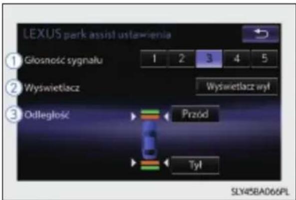 LEXUS perk assist ustawienia ① Głosność sygnału 2 Wyswietlacz 3 Odległość 1 2 3 4 5 Wyswietlacz wyt Przód Tyl SLY45BAD66PL