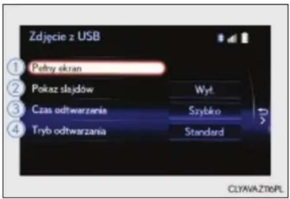 Zdjęcie z USB ① Petny ekran ② Pokaz slajdów Wyt ③ Czas odtwarzania Szybko ④ Tryb odtwarzania Standard CLYAVAŻTIOPL