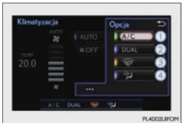 Klimatyzacja AUTO TEMP 20.0 AUTO OFF A/C A/C DUAL Opcja 1 2 3 4 PL4002LIFOM