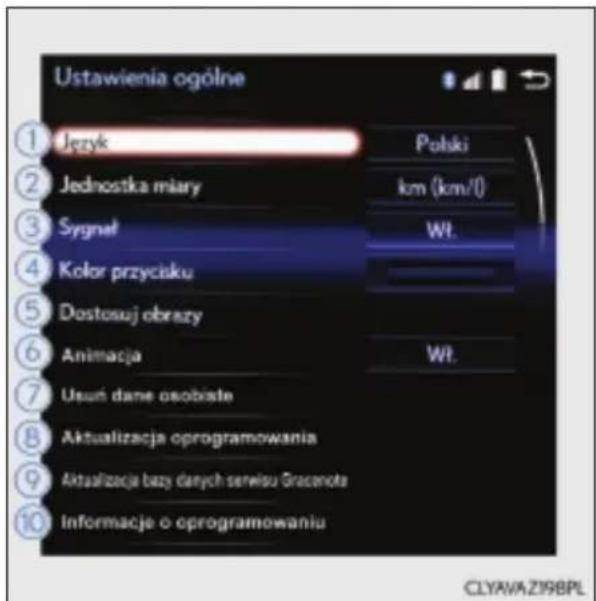 Ustawienia ogólne ① Język Polski ② Jednostka miary km (km/l) ③ Sygnał Wt. ④ Kolor przycisku Dostosuj obrazy Animacja Wt. ⑦ Usuń dane osobiste Aktualizacja oprogramowania ⑧ Aktualizacja bazy danych serwisu Graconota ⑨ Informacje o oprogramowaniu CLYAVA Z19BPL