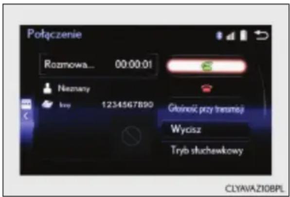 Połączenie Rozmowa... 00:00:01 Nemany Iny 1234567890 Głońość przy trasmiej Wycisz Tryb stuchawkowy CLYAVA ZI0BPL