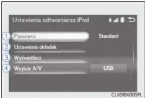 Ustawienia odtwarzacza iPod ① Panorama Standard ② Ustawienia oktadek ③ Wyświetlacz ④ Wejście A/V USB CLASIBX005PL