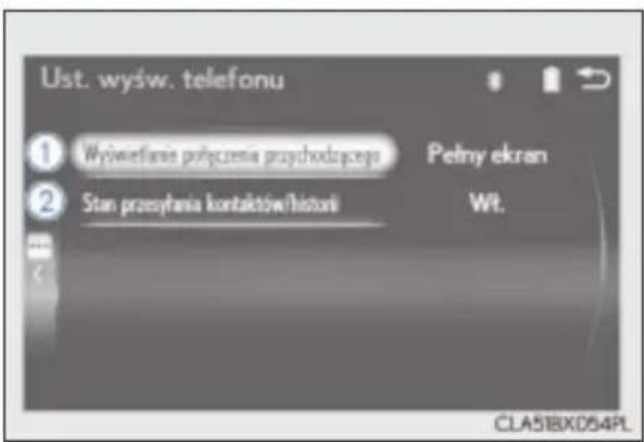 Ust. wyśw. telefonu ① Wyśwefanie połączenia przychodzącego ② Stan przysyfania kontaktów/histori Pętny ekran Wt. CLA51BX054PL