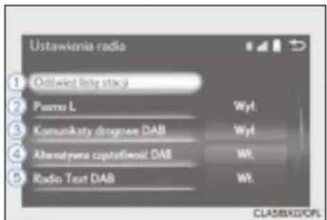 Ustawienia radio 1 Odlawki listą stacji 2 Pismo L 3 Komunikaty drogowe DAB 4 Alternatywa zoptatelnosić DAB 5 Radio Text DAB Wyt Wyt Wt. Wt. CLASSAD/CPJ