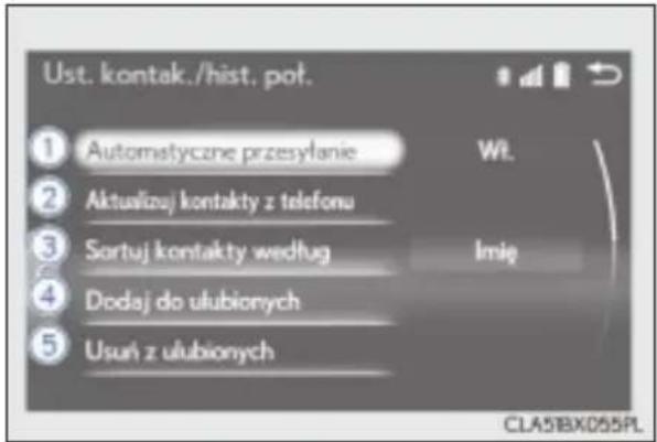 Ust. kontak./hist. poł. 1 Automatyczne przesyłanie 2 Aktualizuj kontakty z telefonu 3 Sortuj kontakty według 4 Dodaj do ulubionych 5 Usun z ulubionych Wt. Imię CLA5BX055PL