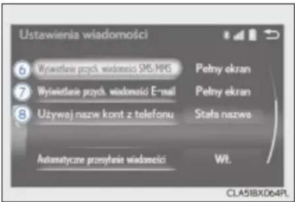 Ustawienia wiadomości 6 Wyświetanie przych. wiadomości SMS/MHS 7 Wyświetanie przych. wiadomości E-mail 8 Używaj nazw kont z telefonu Automatyczne przysytanie wiadomości Pełny ekran Pełny ekran Stafa nazwa Wt. CLA51BXD64PL.