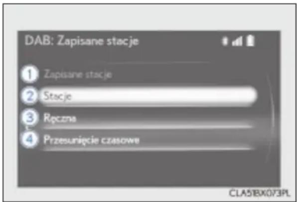 DAB: Zapisane stacje ① Zapisane stacje ② Stacje ③ Ręczna ④ Przesunięcie czasowe CLA51BX073PL