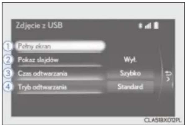 Zdjęcie z USB ① Połny skran ② Pokasz slajdów Wyt. ③ Czas odtwarzania Szybko ④ Tryb odtwarzania Standard CLA51BX072PL.