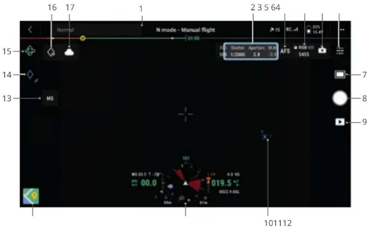 16 17 1 2 3 5 64 Normal N mode - Manual flight 31:50 15 100 Shutter Aportare M.M 1/2000 2.8 -2.0 AFS RGB MS 5455 15 14 13 MS 7 8 9 101112