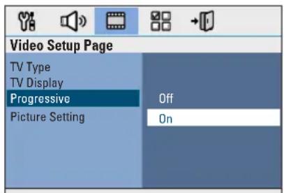 Video Setup Page TV Type TV Display Progressive Picture Setting Off On