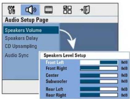 Audio Setup Page Speakers Volume Speakers Delay CD Upsampling Audio Sync Speakers Level Setup Front Left 0dB Front Right 0dB Center 0dB Subwoofer 0dB Rear Left 0dB Rear Right 0dB