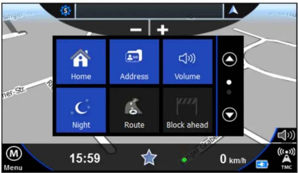 Home Address Volume Night Route Block ahead 15:59 0 km/h TMC Menu