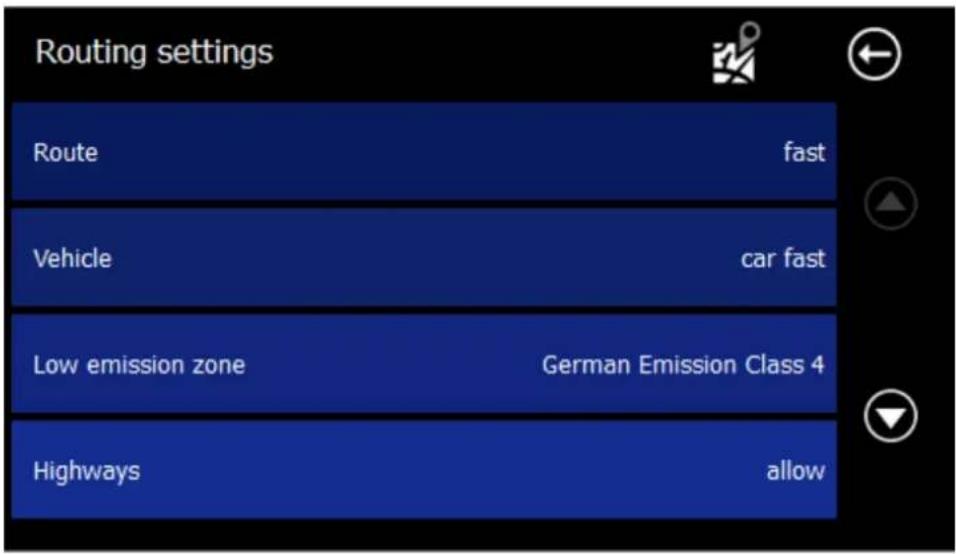 Routing settings Route fast Vehicle car fast Low emission zone German Emission Class 4 Highways allow