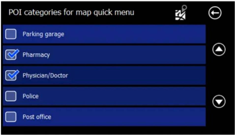 POI categories for map quick menu Parking garage Pharmacy Physician/Doctor Police Post office