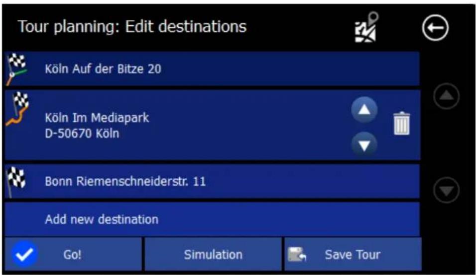 Tour planning: Edit destinations Köln Auf der Bitze 20 Köln Im Mediapark D-50670 Köln Bonn Riemenschneiderstr. 11 Add new destination Go! Simulation Save Tour