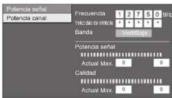Potencia señal Potencia canal Frecuencia 1 2 7 5 0 MHz velcidad de simbola Banda Vert/Baja Potencia señal Actual Max: 0 0 Calidad Actual Max: 0 0