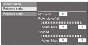 Alimentación Potencia señal Potencia canal N° canal 21 Potencia señal Actual Max. 0 0 Calidad Actual Max. 0 0