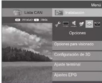 Lista CAN Instalación Opciones Opciones para visorado Configuración de 3D Ajuste terminal Ajustes EPG