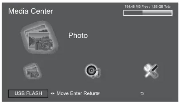 Media Center 764.45 MB Free / 1.88 GB Total Photo USB FLASH ← Move Enter Return
