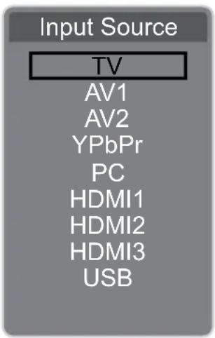 Input Source TV AV1 AV2 YPbPr PC HDMI1 HDMI2 HDMI3 USB