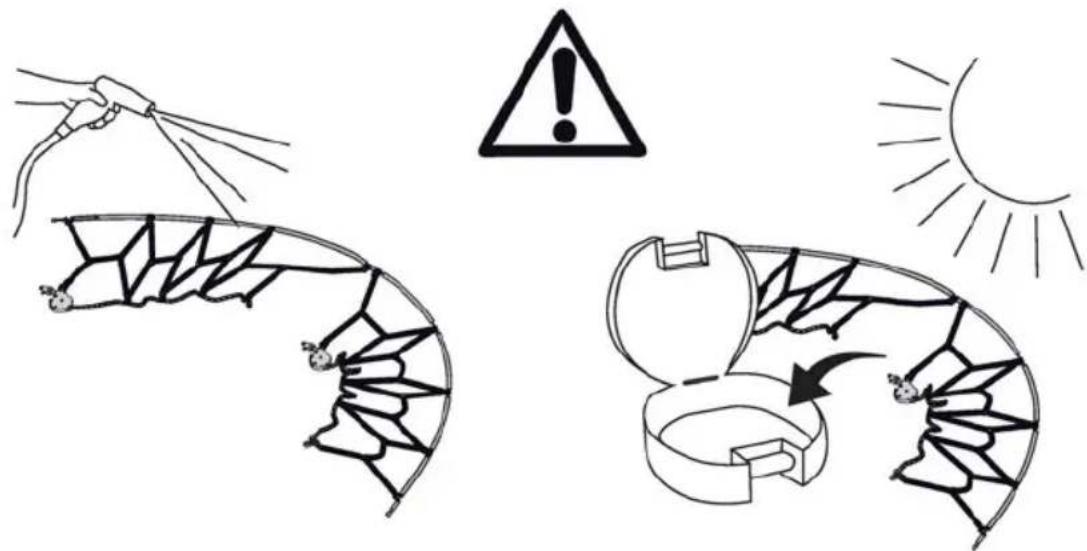 Safety warning illustration showing a hand spraying disinfectant into a curved device, with warning symbol and sun background