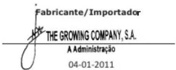 Fabricante/Importador THE GROWING COMPANY, S.A. A Administração 04-01-2011