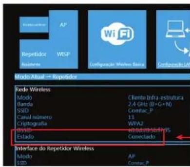 Repetidor WISP Repetidor WISP Configura Wireless Serial Configura LAN Modo Atual — Repetidor Rede Wireless Modo Banda SSD Canal número Cryptografia RMSID Estado Cliente Infra-estrutura 2.4 GHz (8+G+N) Comtec_P 13 WPA2 60/62/97/50/47/35 Connectado Interface do Repetidor Wireless Modo SSD AP Comtec_P