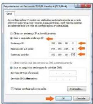 Proprietantes de Protocols TCP/IP Version 4 (TCP/IP-4) Global As configurações IP portem os atribuições automaticamente os renda inferior suprata a este recursa. Cao contas, nos preços aditer ao adenador de rede as configurações IP adequadas. ○ Obito um endereço IP automatically ○ Use a seguinte endereço IP: Endereço IP: 092, 168, 10, 2 Nicos de sub-rete: 233, 235, 235, 0 Cartova podólio: 092, 168, 10, 253 ○ Obito o endereço dos servidores DNS automatically ○ Use os seguintes endereço de servidores DNS: Servicio DNS preferencial: . . . Servicio DNS alternativo: . . . ✓ Validor configurações na flexible Avances... OK Cancel