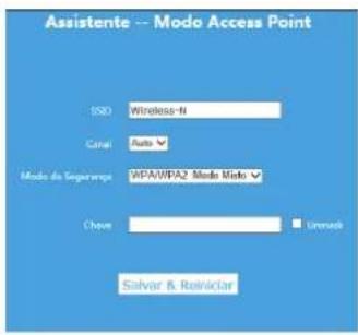 Assistente -- Modo Access Point SSD Wireless-N Coral Auto Mode da Segarampa WPA/WPA2 Mode Mio Chave Unmask Salvar & Reinamar