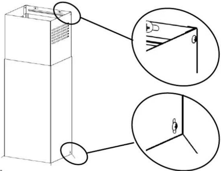 Technical diagram showing a cabinet with labeled parts and three circular insets illustrating corner angles and mounting points.