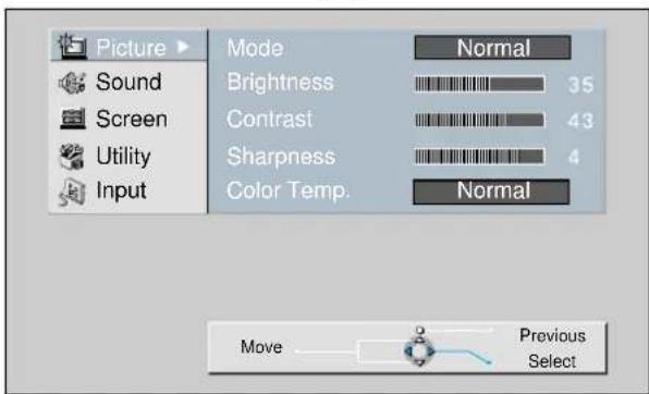 Picture Sound Screen Utility Input Mode Normal Brightness 35 Contrast 43 Sharpness 4 Color Temp. Normal Move Previous Select