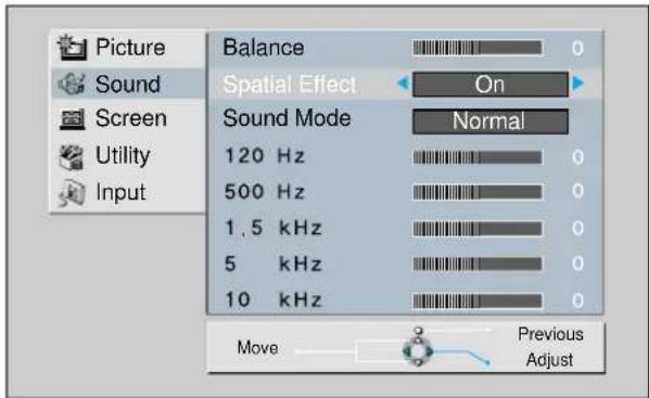 Picture Sound Screen Utility Input Balance On Spatial Effect Sound Mode Normal 120 Hz 500 Hz 1.5 kHz 5 kHz 10 kHz Move Previous Adjust