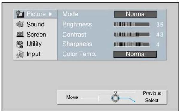 Picture Sound Screen Utility Input Mode Normal Brightness 35 Contrast 43 Sharpness 4 Color Temp. Normal Move Previous Select