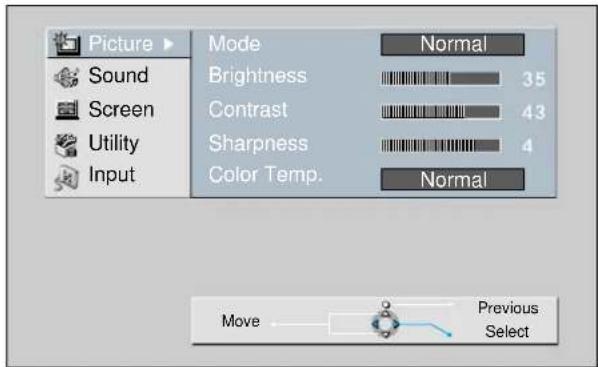 Picture Sound Screen Utility Input Mode Normal Brightness 35 Contrast 43 Sharpness 4 Color Temp. Normal Move Previous Select
