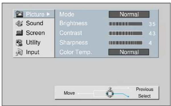 Picture Sound Screen Utility Input Mode Brightness Contrast Sharpness Color Temp. Normal 35 43 4 Normal Move Previous Select
