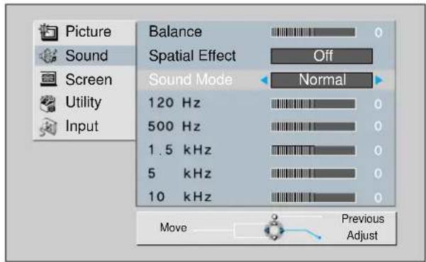 Picture Sound Screen Utility Input Balance 0 Spatial Effect Off Sound Mode Normal 120 Hz 0 500 Hz 0 1.5 kHz 0 5 kHz 0 10 kHz 0 Move Previous Adjust