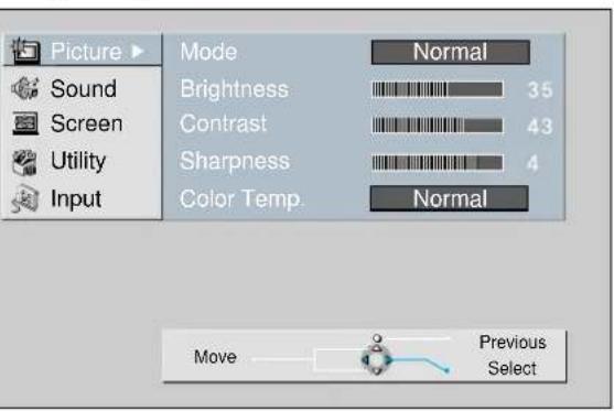 Picture Sound Screen Utility Input Mode Brightness Contrast Sharpness Color Temp. Normal 35 43 4 Normal Move Previous Select