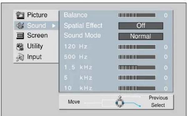 Picture Sound Screen Utility Input Balance 0 Spatial Effect Off Sound Mode Normal 120 Hz 0 500 Hz 0 1.5 kHz 0 5 kHz 0 10 kHz 0 Move Previous Select