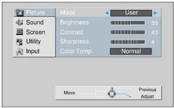 Picture Sound Screen Utility Input Mode User Brightness 35 Contrast 43 Sharpness 4 Color Temp. Normal Move Previous Adjust