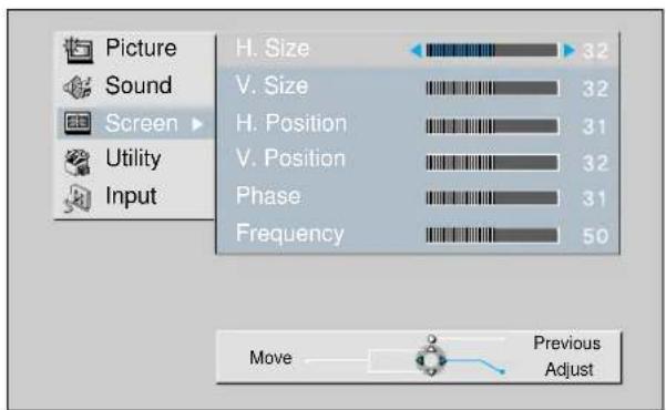Picture Sound Screen Utility Input H. Size 32 V. Size 32 H. Position 31 V. Position 32 Phase 31 Frequency 50 Move Previous Adjust