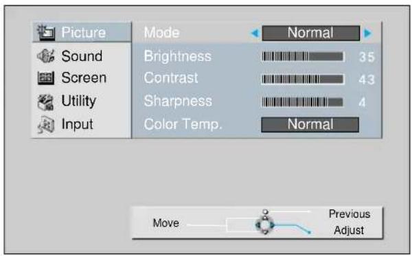 Picture Sound Screen Utility Input Mode Normal Brightness 35 Contrast 43 Sharpness 4 Color Temp. Normal Move Previous Adjust