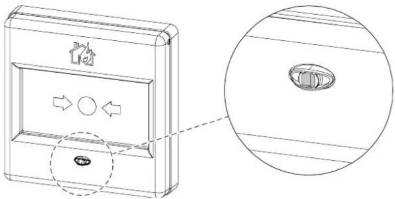 Technical diagram showing a device with directional arrows and a magnified view of the internal component.