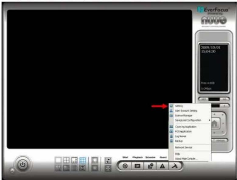 EverFocus Everset Log nuo 2009/10/01 15:04:30 Files: 4.8GB 0.0Mbps Setting User Account Setting License Manager Structured Configuration Counting Application POS Application Log Review Backup Network Service Help About Main Console...