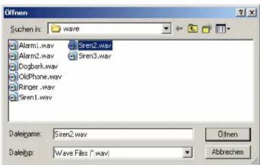 Öffnen Suchen in: wave Alarm1.wav Siren2.wav Alarm2.wav Siren3.wav Dogbark.wav OldPhone.wav Ringer.wav Siren1.wav Dateiname: Siren2.wav Datetyp: Wave Files (*.wav) Ölfnen Abbrechen