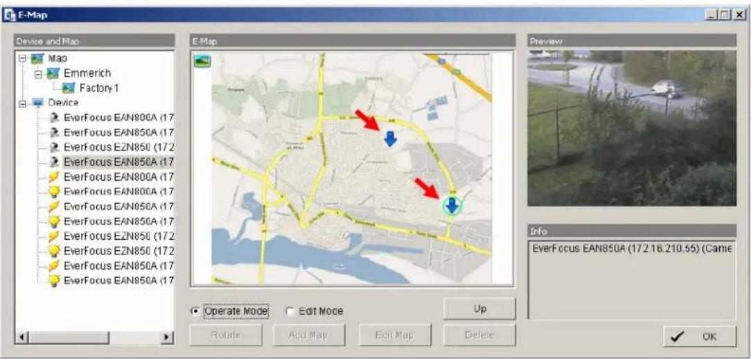 E-Map Device and Map Map Emmerich Factory 1 Device EverFocus EAN800A (17) EverFocus EAN850A (17) EverFocus EZN850 (17.2) EverFocus EAN850A (17) EverFocus EAN800A (17) EverFocus EAN800A (17) EverFocus EAN850A (17) EverFocus EAN850A (17) EverFocus EZN850 (17.2) EverFocus EZN850 (17.2) EverFocus EAN850A (17) EverFocus EAN850A (17) E-Map Preview Info EverFocus EAN850A (172.16.210.55) (Carne Operate Mode Edit Mode Up Rotate Add Map Edit Map Delete ✓ OK